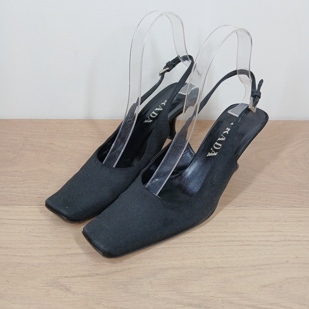 Prada Slingback Pumps Women 6.5 Black Fabric Leather Square Toe Kitten Heel Y2K